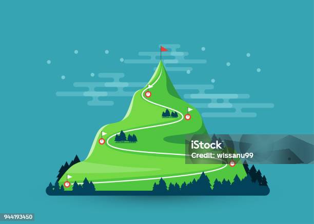 Trail To Target Climbing Hiking Flag On The Mountain Peak Way To Successful Business Vector Illustration Stock Illustration - Download Image Now