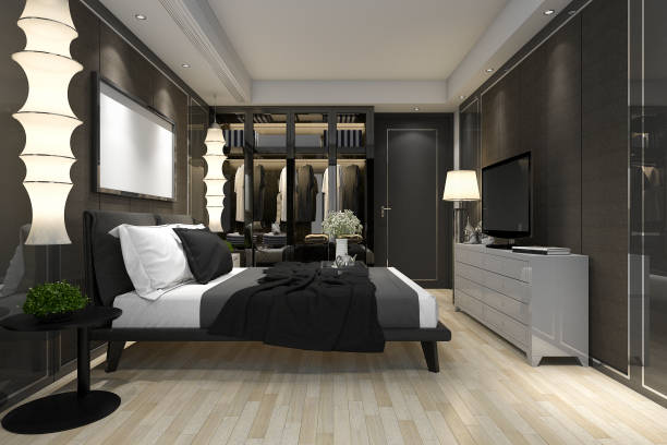 istock 3d rendering luxury modern bedroom suite tv with wardrobe and walk in closet 944199670