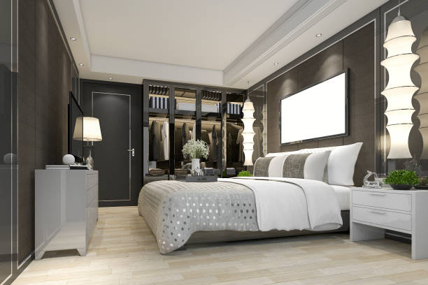 3d rendering luxury modern bedroom suite tv with wardrobe and walk in closet