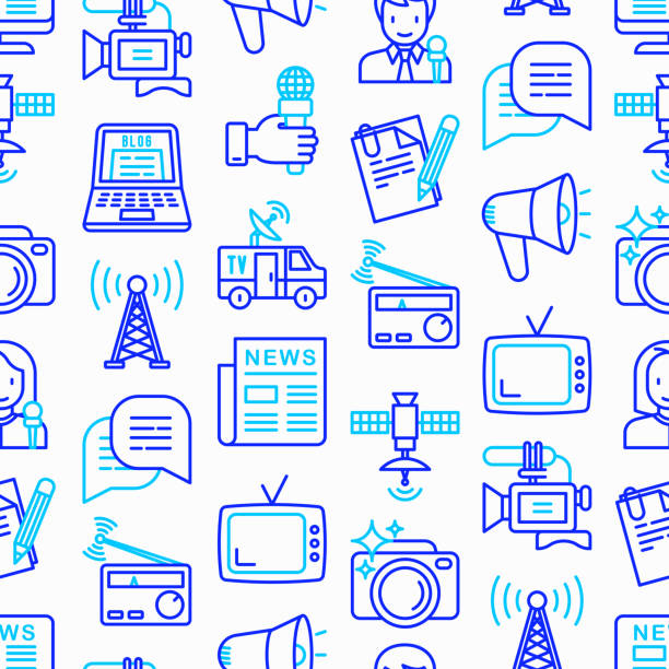 Mass media seamless pattern with thin line icons: journalist, newspaper, article, blog, report, radio, internet, interview, video, photo. Modern vector illustration. Mass media seamless pattern with thin line icons: journalist, newspaper, article, blog, report, radio, internet, interview, video, photo. Modern vector illustration. journalist photos stock illustrations