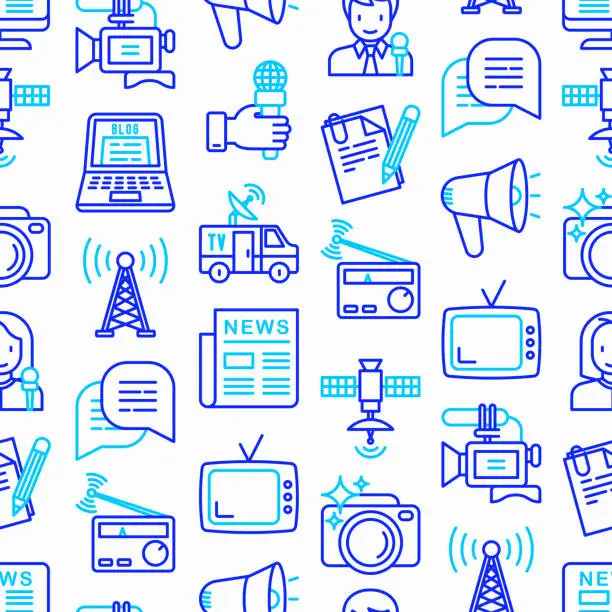 Vector illustration of Mass media seamless pattern with thin line icons: journalist, newspaper, article, blog, report, radio, internet, interview, video, photo. Modern vector illustration.