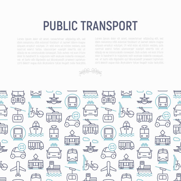 細い線のアイコンと公共交通機関の概念: 鉄道、バス、タクシー、船、フェリー、トロリーバス、トラム、カーシェア リン��グします。正面と側面のビュー。モダンなベクトル イラスト バナ� - public transportation cable car ferry bicycle点のイラスト素材／クリップアート素材／マンガ素材／アイコン素材