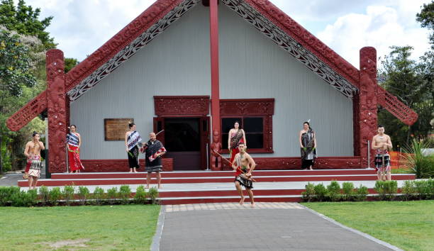 tamaki maori tänzer in tracht in whakarewarewa thermal park - haka maori tattoo traditional culture stock-fotos und bilder