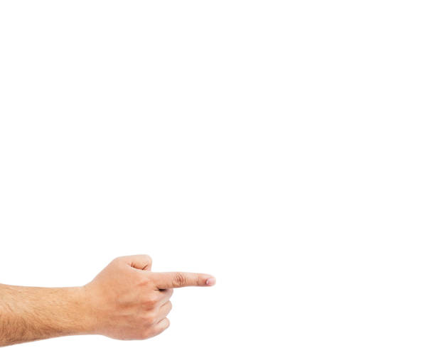 男性の手を指しているのクローズ アップ。白い背景に分離 - vote button ストックフォトと画像