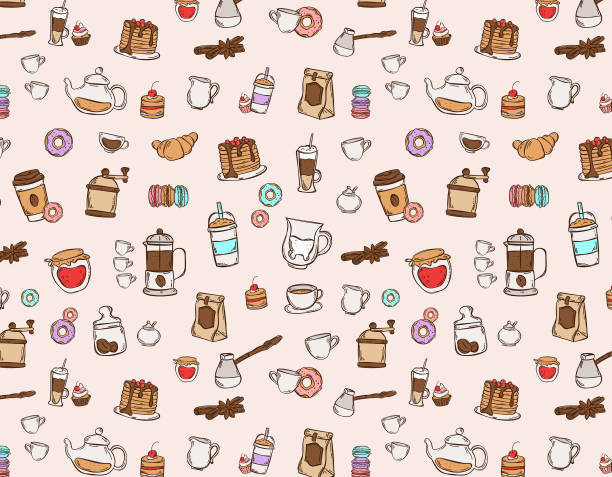 illustrazioni stock, clip art, cartoni animati e icone di tendenza di motivo a colori senza cuciture con dessert doodle disegnati a mano - muffin coffee cartoon cake