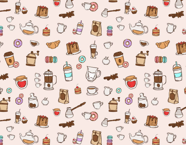 бесшовный цветовой узор с рисовалыми десертами каракули - seamless croissant pattern ice stock illustrations