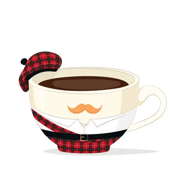 Vector illustration of Vector cup of coffee or tea in national Scotland costume