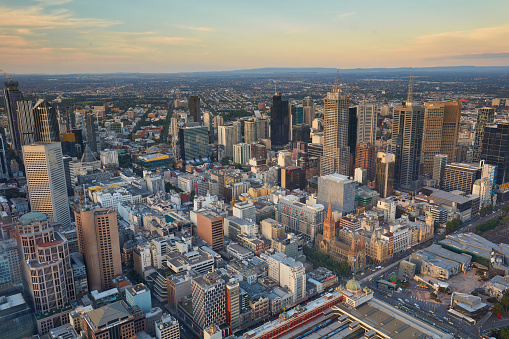 Aerial view of Melbourne at sunset, Australia.