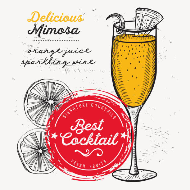 Cocktail mimosa drink flyer for bar. Cocktail mimosa for bar menu. Vector drink flyer for restaurant and cafe. Design poster with vintage hand-drawn illustrations. mimosa stock illustrations