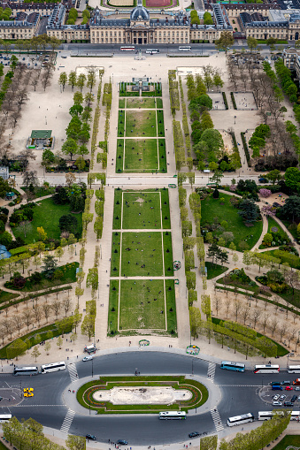 View from the Eiffel tower on the green Field of Mars and Paris, France