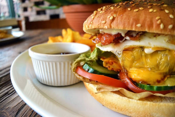 Homemade Bacon Hamburger with Egg cheese and vegetables