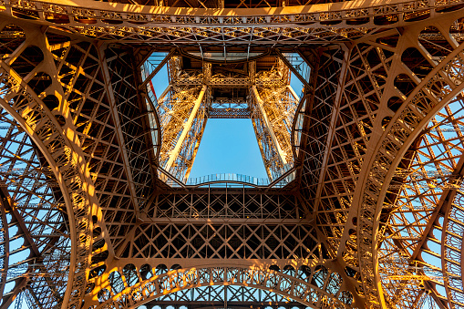Eiffel Tower structure from directly below ,Paris ,France