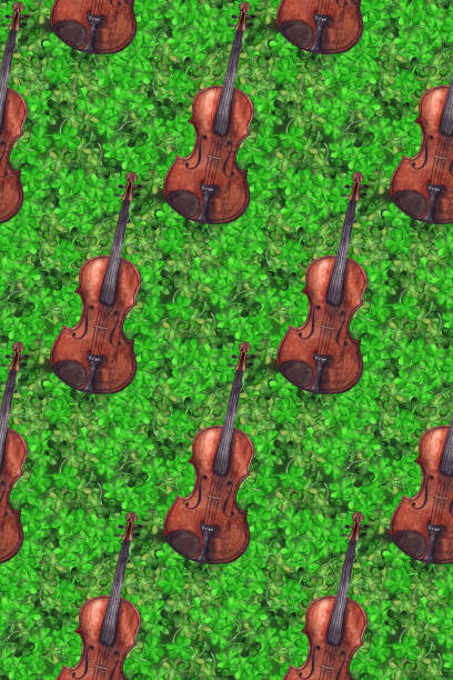 ilustraciones, imágenes clip art, dibujos animados e iconos de stock de violín vintage madera acuarela violín planta de hoja de trébol instrumento musical trébol irlanda sin fisuras textura de fondo - dublin ireland republic of ireland music violin