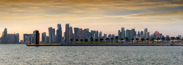 istock Panoramic view of the skyline of Doha during a cloudy sunset 944258866