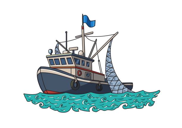 Fishing Boat In The Sea Vector Illustration Isolated On White Background  Stock Illustration - Download Image Now - iStock