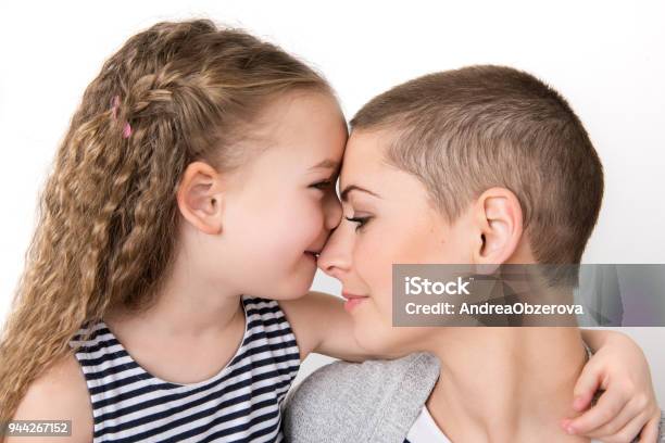 Cute Preschool Age Girl With Her Mother Young Cancer Patient In Remission Cancer Patient And Family Support Concept Stock Photo - Download Image Now