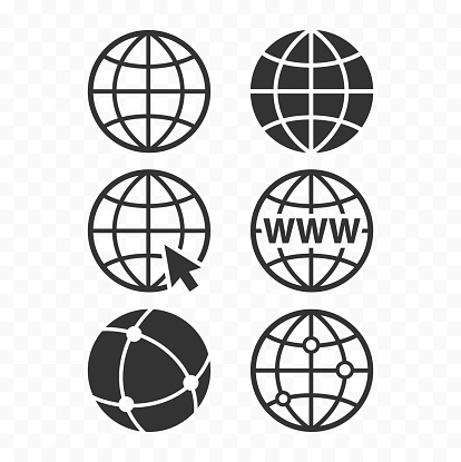 World wide web concept globe icon set. Planet web symbol set. Globe icons for websites.