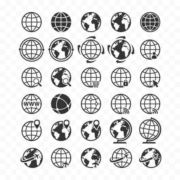 globus-web-icon-set. planet erde-icons für websites. - text global communications earth globe stock-grafiken, -clipart, -cartoons und -symbole