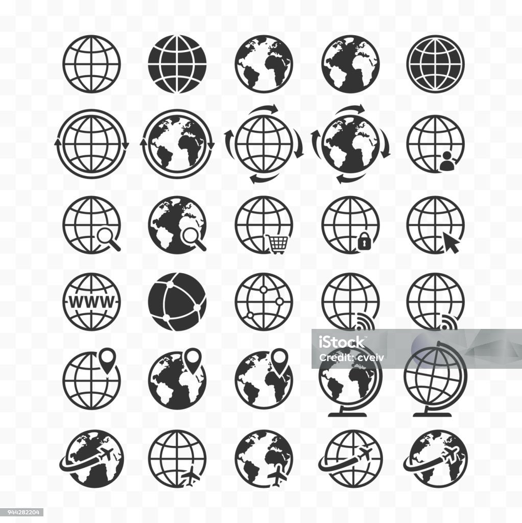 Conjunto de iconos de la web de globo. Iconos para sitios web en planeta tierra. - arte vectorial de Globo terráqueo libre de derechos