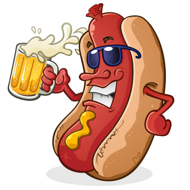 ilustraciones, imágenes clip art, dibujos animados e iconos de stock de personaje de dibujos animados de hot dog con gafas de sol y bebiendo cerveza - adulador