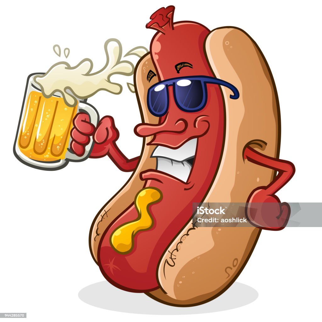 Hot Dog Cartoon Character Wearing Sunglasses and Drinking Beer Hot Happy Dog Cartoon Character Wearing Sunglasses and Drinking a Mug of Beer With Sunglasses and Attitude Hot Dog stock vector