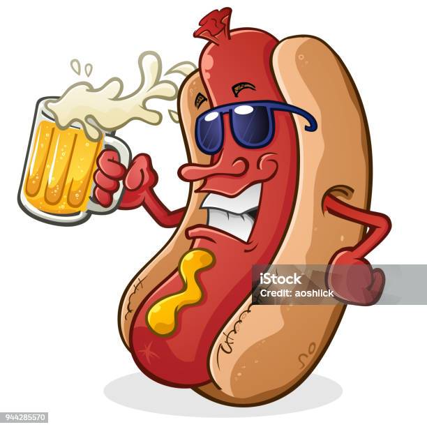 Hot Dog Cartoon Character Wearing Sunglasses And Drinking Beer Stock Illustration - Download Image Now