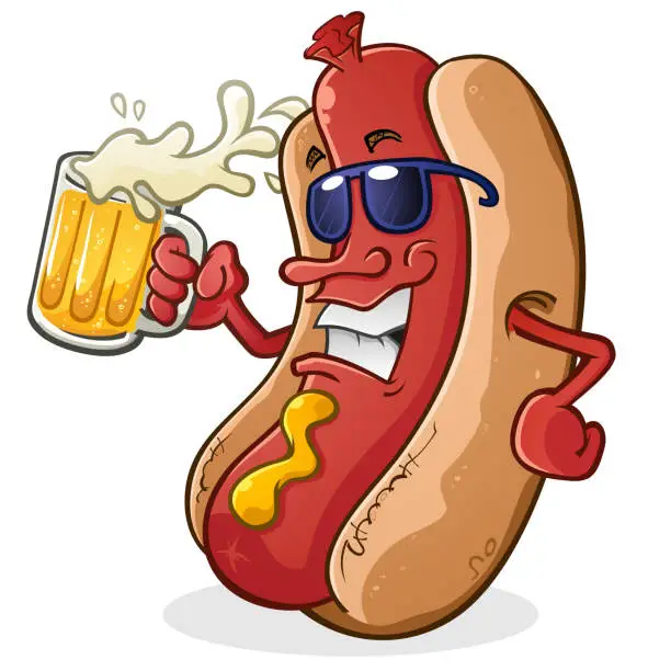 Vector illustration of Hot Dog Cartoon Character Wearing Sunglasses and Drinking Beer