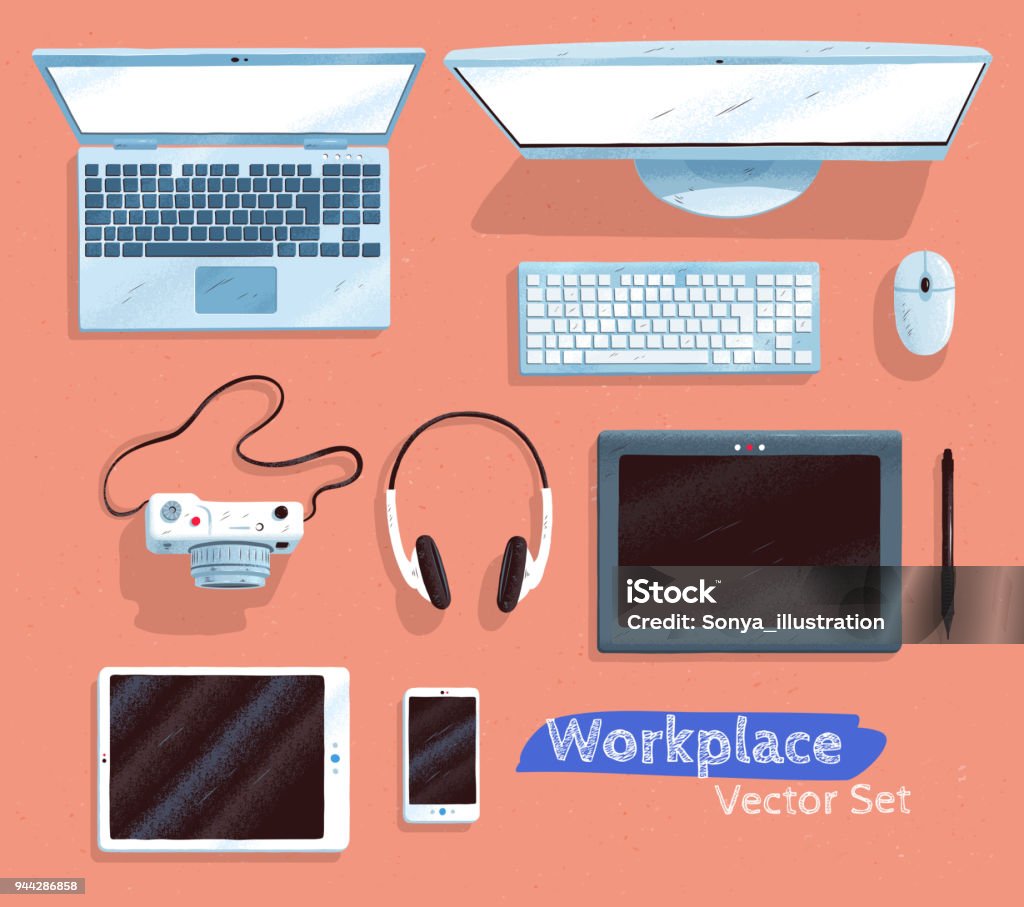 Computer Desktop Gadgets Graphics Top View Vector Illustrations Set Of Gadgets Stock Illustration ...