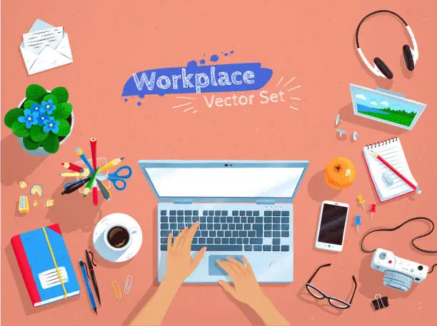 Vector illustration of Top view vector set of office workplace
