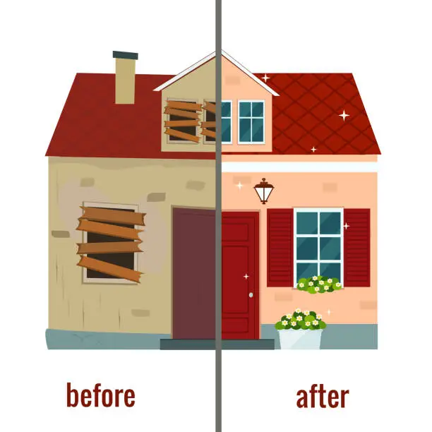 Vector illustration of House before and after repair vector illustration.