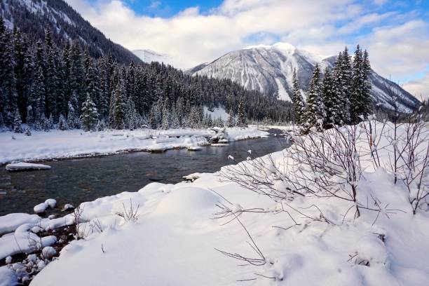 istock Winter scene of snowy mountains and river 944297048