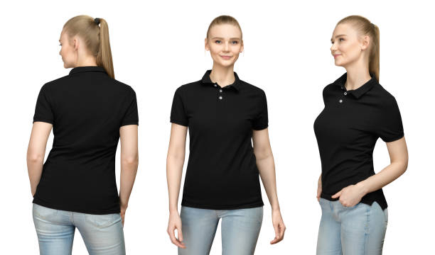 Set promo pose girl in blank black polo shirt mockup design for print and concept template young woman in T-shirt front and half turn 
side back view isolated white background with clipping path Set promo pose girl in blank black polo shirt mockup design for print and concept template young woman in T-shirt front and half turn side back view isolated white background with clipping path. sleeve photos stock pictures, royalty-free photos & images