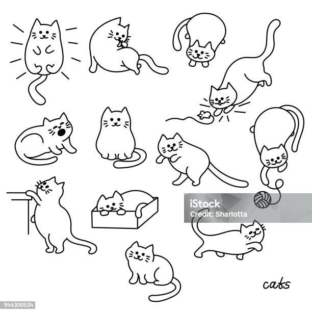 Set Of Cute Cat Pet Animal Vector Illustration Stock Illustration - Download Image Now - Domestic Cat, Doodle, Illustration