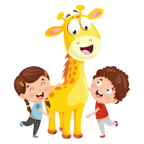 Vector illustration of Vector Illustration Of Cartoon Kids With Giraffe