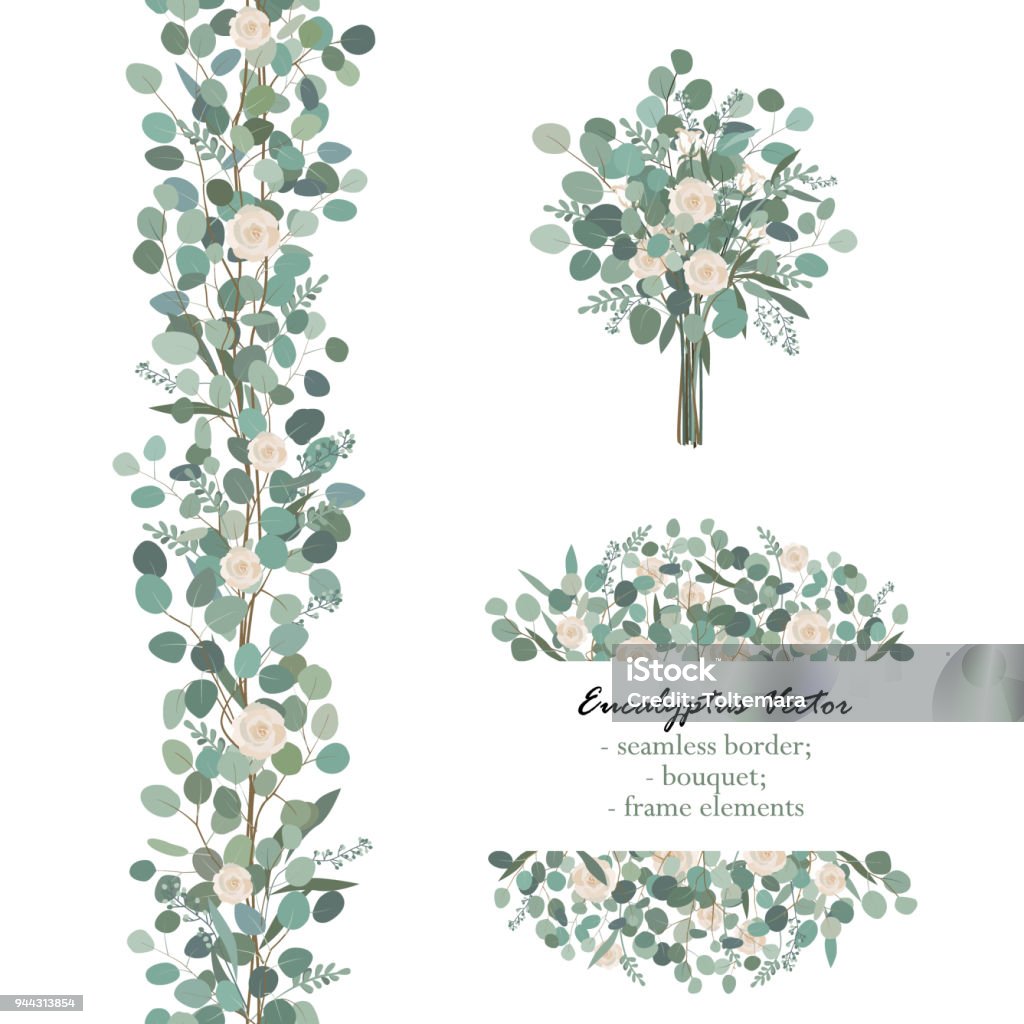 Design elements with white rose flowers and eucalyptus branches. Bouquet, seamless border, frame element. Greeting, wedding invite template Design elements with white rose flowers and eucalyptus branches. Bouquet, seamless border, frame element. Greeting, wedding invite template. Vector illustration Flower stock vector