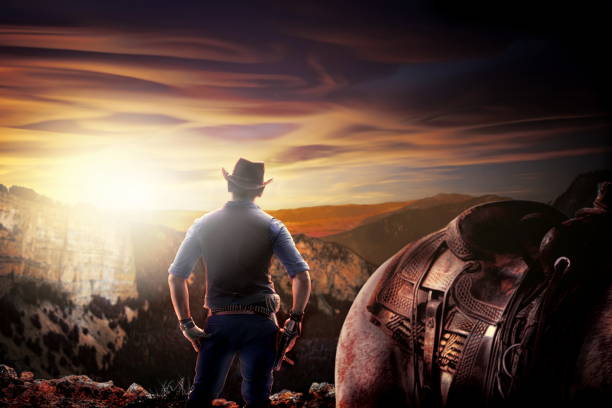 cowboy in old wild west vintage cowboy at sunset in western background saloon photos stock pictures, royalty-free photos & images
