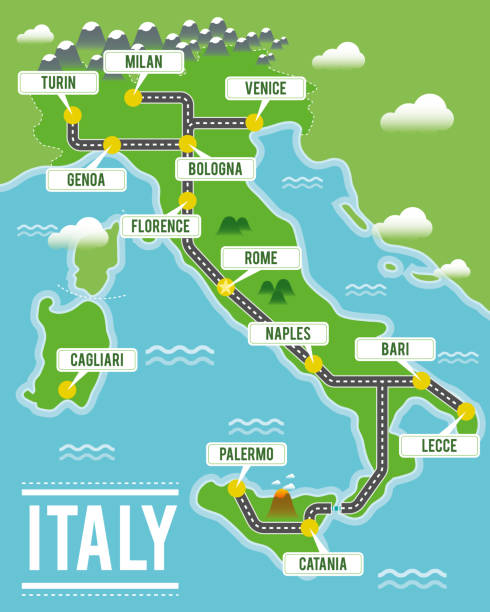 Cartoon vector map of Italy. Travel illustration with italian main cities. Cartoon vector map of Italy. Travel illustration with italian main cities. lecce stock illustrations