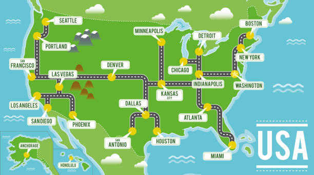 米国の漫画のベクトル �マップ。アメリカの主な都市のイラストを旅行します。 - map eastern usa new york city boston点のイラスト素材／クリップアート素材／マンガ素材／アイコン素材