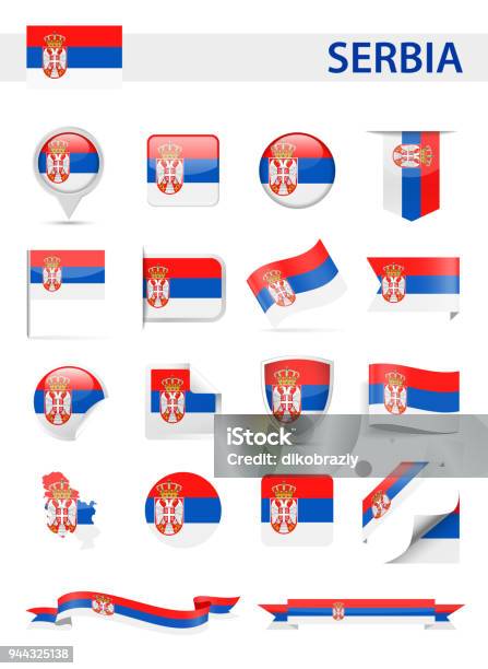 Serbia Flag Vector Set Stock Illustration - Download Image Now - Award Ribbon, Badge, Balkans