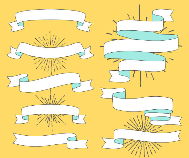ilustraciones, imágenes clip art, dibujos animados e iconos de stock de conjunto de banners de cinta vintage antiguo y dibujo en estilo de grabado. elemento de diseño ivitation con sunburst. ilustración de vector - scroll shape ornate swirl striped