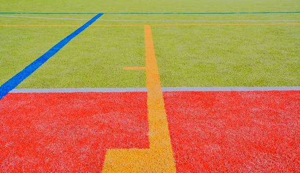 Color lines on playing field. Copy space. Sport texture and background stock photo