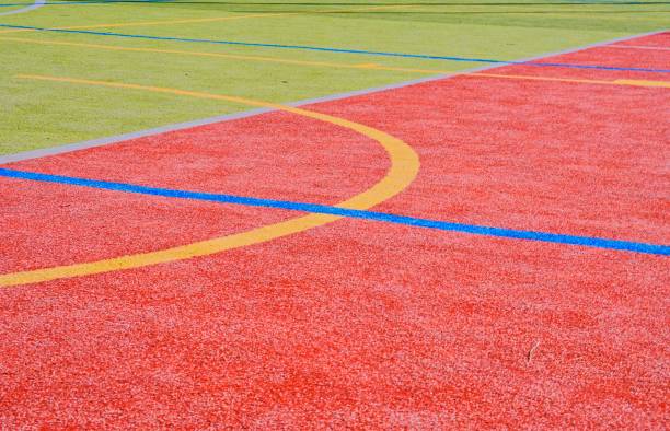istock Color lines on playing field. Copy space. Sport texture and background 944328886