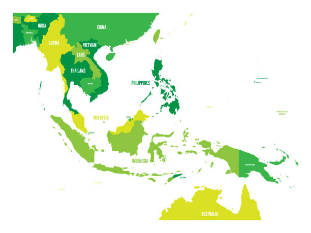 illustrazioni stock, clip art, cartoni animati e icone di tendenza di mappa del sud-est asiatico. mappa vettoriale nei toni del verde - philippines map cartography asia