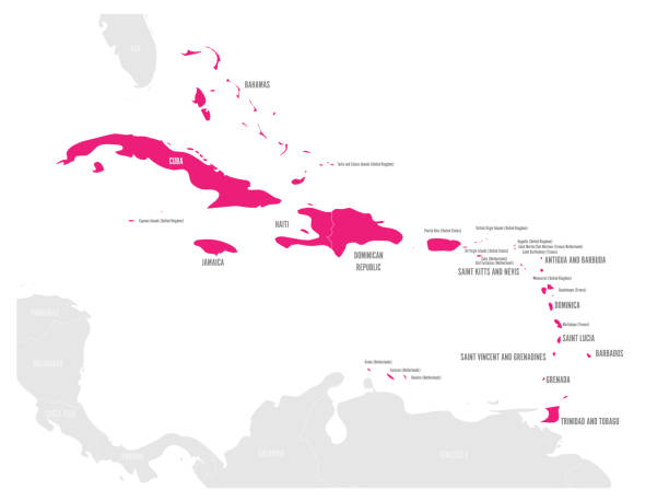 Political map of Carribean. Pink highlighted states and dependent territories. Simple flat vector illustration Political map of Carribean. Pink highlighted states and dependent territories. Simple flat vector illustration. caribbean stock illustrations
