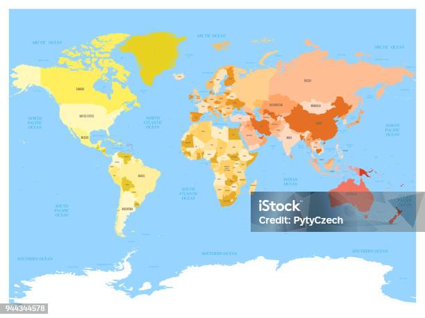 World Map Atlas Colored Political Map With Blue Seas And Oceans Vector Illustration Stock Illustration - Download Image Now