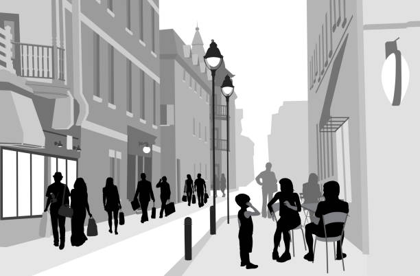 ilustrações, clipart, desenhos animados e ícones de calçada cafe rua movimentada - bar women silhouette child