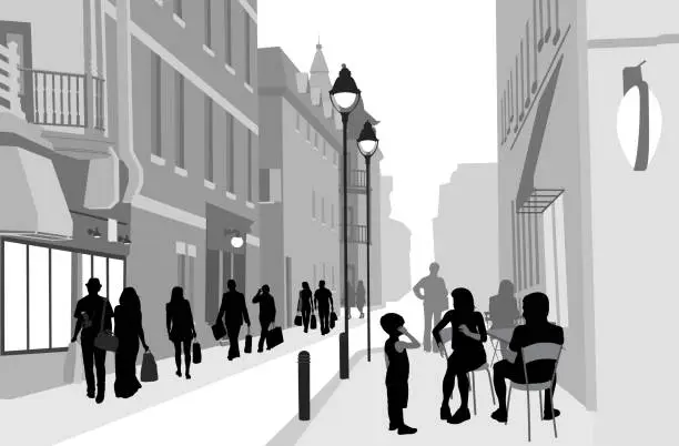 Vector illustration of Busy Sidewalk Cafe Street