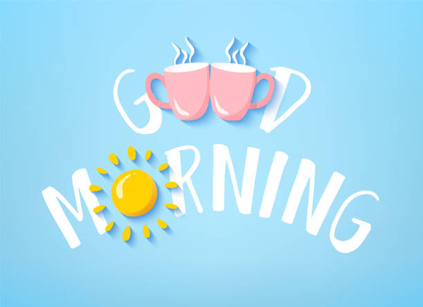 illustrazioni stock, clip art, cartoni animati e icone di tendenza di striscione del buongiorno con testo carino, due tazze rosa e sole su sfondo blu. carta vettoriale. - wake