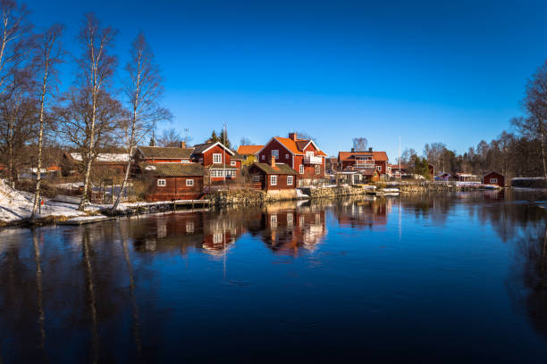 Sundborn - March 30, 2018: Panorama of the picturesque town of Sundborn in Dalarna, Sweden stock photo