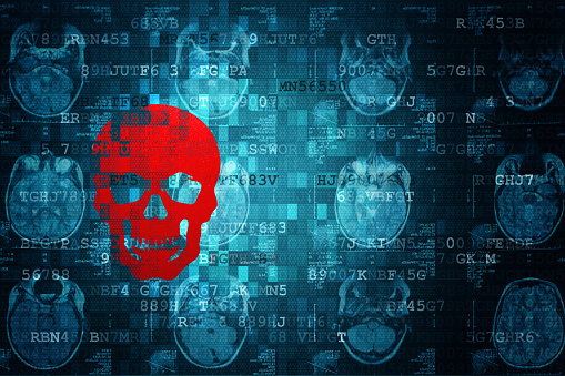 Red Scull on Blue MRI Digital Abstract technology background.